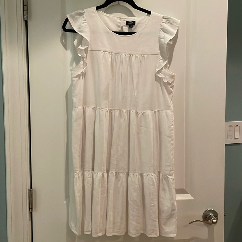 JCrew White Linen Blend Ruffle Sleeve Tiered Mini Dress